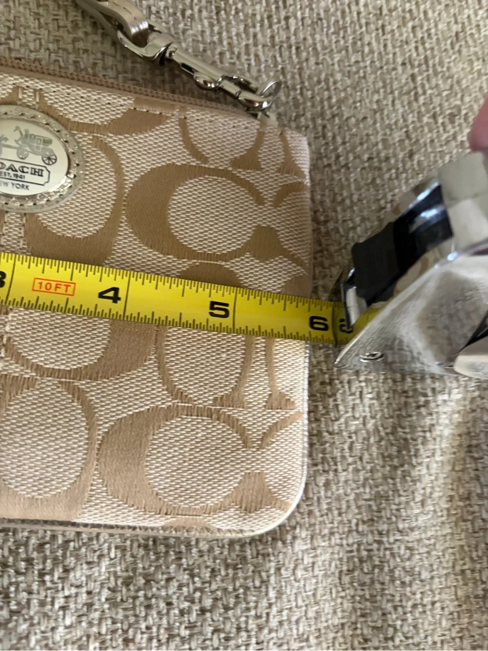 Coach Beige Signature Canvas Wristlet with Silver Strap